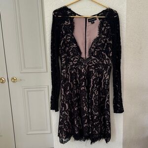 STYLESTALKER  Black and Pink Lace Long Sleeve Dress
